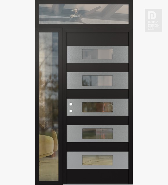 Modern Steel Front Door Diamond D5 48" x 96" black/black clear Glass Panel stainless steel RHI with Sidelite and Transom clear Glass