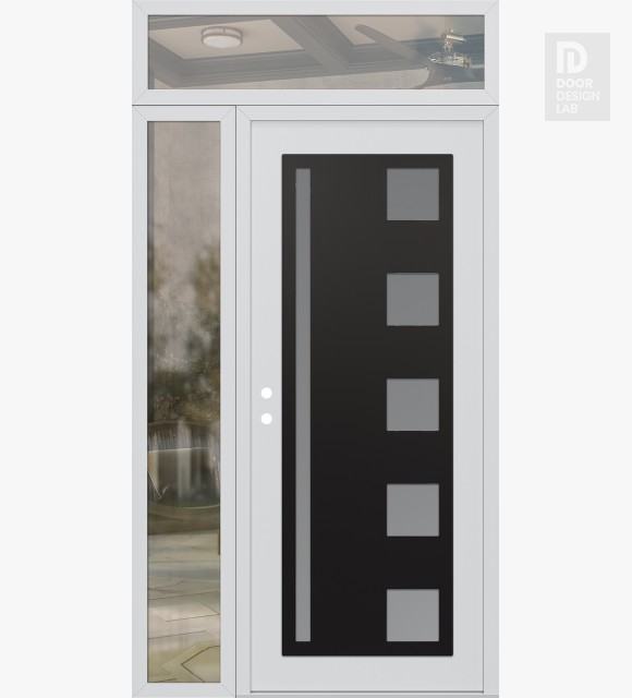 Modern Steel Front Door Diamond C3 50" x 96" white/white frosted Glass Panel black RHI with Sidelite and Transom clear Glass