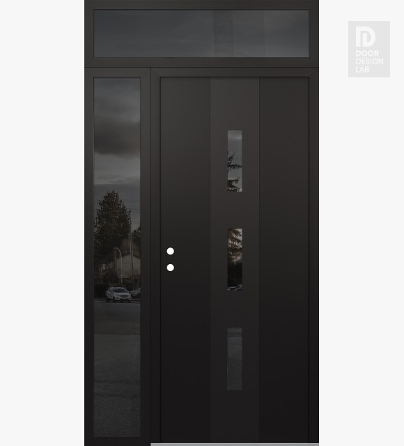 Modern Steel Front Door DIAMOND A7 52" X 96" BLACK/BLACK MIRRORED GLASS PANEL BLACK RHI WITH SIDELITE AND TRANSOM MIRRORED GLASS