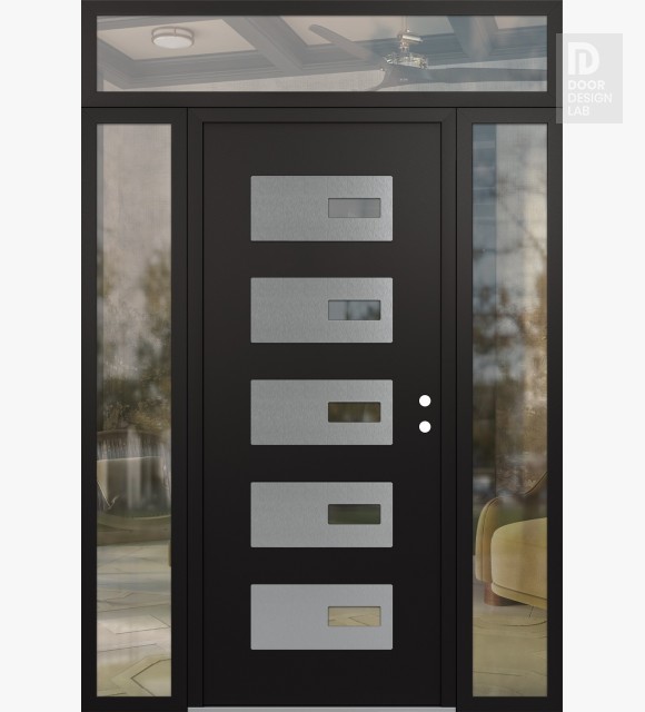 Modern Steel Front Door Diamond D7 64" x 96" black/black clear Glass Panel stainless steel LHI with 2 Sidelites and Transom clear Glass