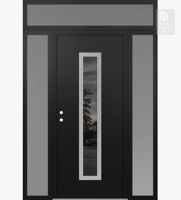 Modern Steel Front Door DIAMOND A11 64" X 96" BLACK/BLACK MIRRORED GLASS PANEL STAINLESS STEEL RHI WITH 2 SIDELITES AND TRANSOM FROSTED GLASS