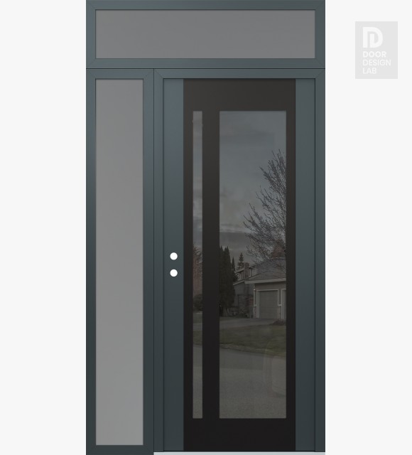 Modern Steel Front Door Diamond C15 50" x 96" anthracite/anthracite mirrored Glass Panel black RHI with Sidelite and Transom frosted Glass