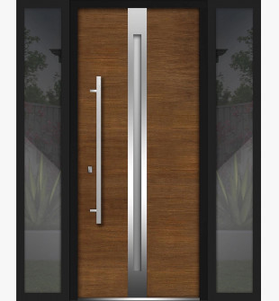 Front Exterior Prehung Steel Door / Deux 1744 Natural Oak / 2 Side Exterior Black Windows / Stainless Inserts Single Modern Painted-W14+36+14" x H80"-Right-hand Inswing