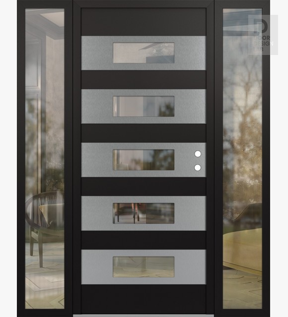 Modern Steel Front Door Diamond D5 60" x 80" black/black clear Glass Panel stainless steel LHI with 2 Sidelites clear Glass