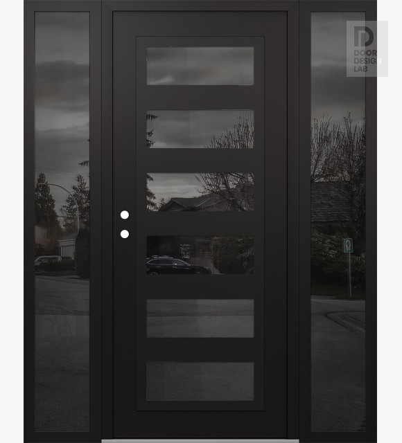 Modern Steel Front Door Diamond C9 64" x 80" black/black mirrored Glass Panel black RHI with 2 Sidelites mirrored Glass