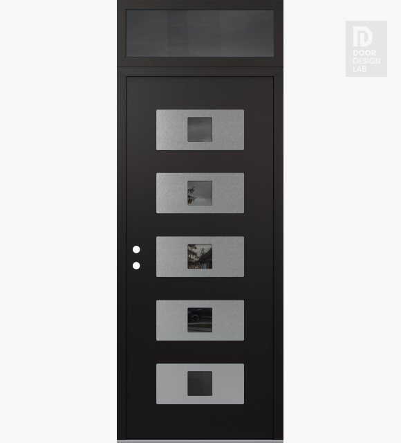 Modern Steel Front Door Diamond D8 36" x 96" black/black mirrored Glass Panel stainless steel RHI with Transom mirrored Glass