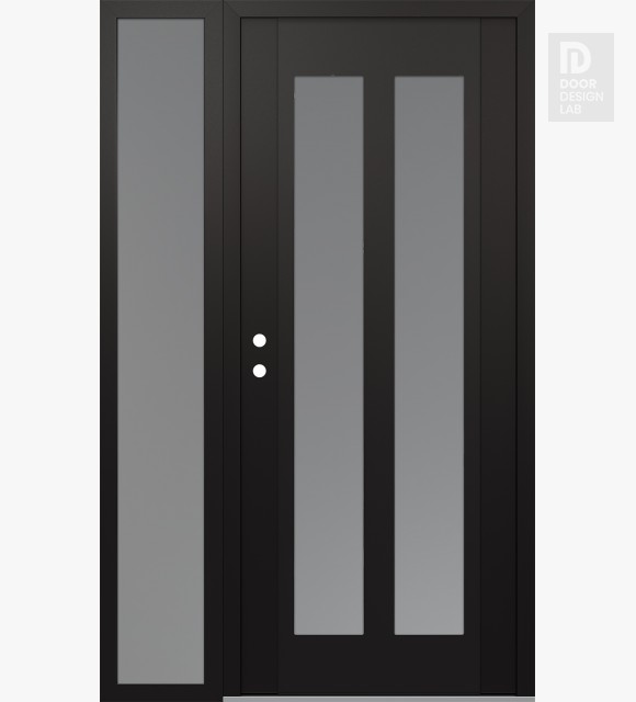 Modern Steel Front Door Diamond C14 52" x 80" black/white frosted Glass Panel black RHI with Sidelite frosted Glass