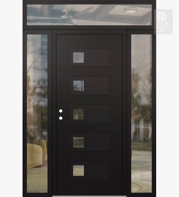 Modern Steel Front Door Diamond D2 68" x 96" black/black clear Glass Panel black RHI with 2 Sidelites and Transom clear Glass