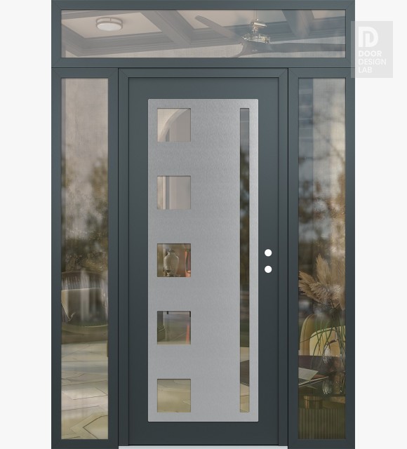 Modern Steel Front Door Diamond C3 60" x 96" anthracite/anthracite clear Glass Panel stainless steel LHI with 2 Sidelites and Transom clear Glass