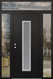 DIAMOND A11 68" X 96" BLACK/WHITE FROSTED GLASS PANEL STAINLESS STEEL RHI WITH 2 SIDELITES AND TRANSOM CLEAR GLASS