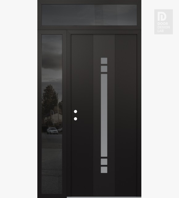 Modern Steel Front Door DIAMOND A4 48" X 96" BLACK/WHITE FROSTED GLASS PANEL BLACK RHI WITH SIDELITE AND TRANSOM MIRRORED GLASS