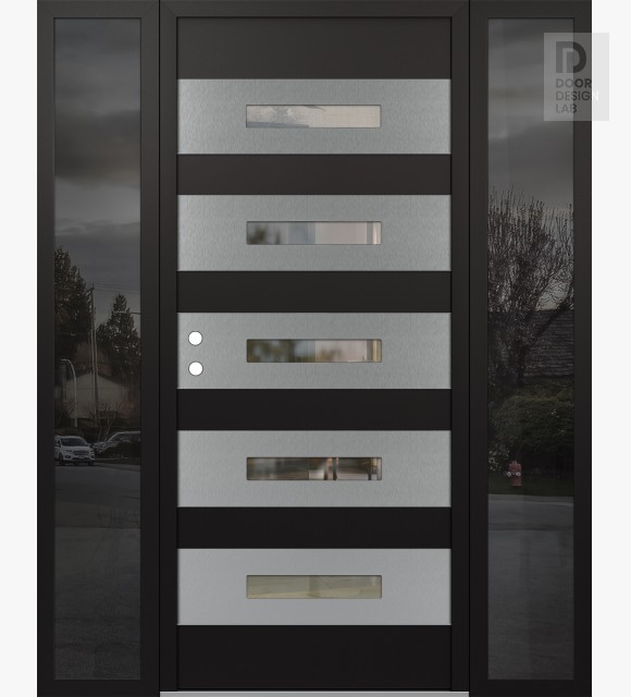 Modern Steel Front Door Diamond D9 64" x 80" black/black clear Glass Panel stainless steel RHI with 2 Sidelites mirrored Glass
