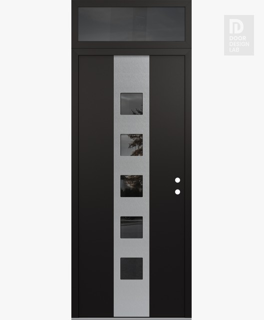 Modern Steel Front Door DIAMOND A13 36" X 96" BLACK/BLACK MIRRORED GLASS PANEL STAINLESS STEEL LHI WITH TRANSOM MIRRORED GLASS