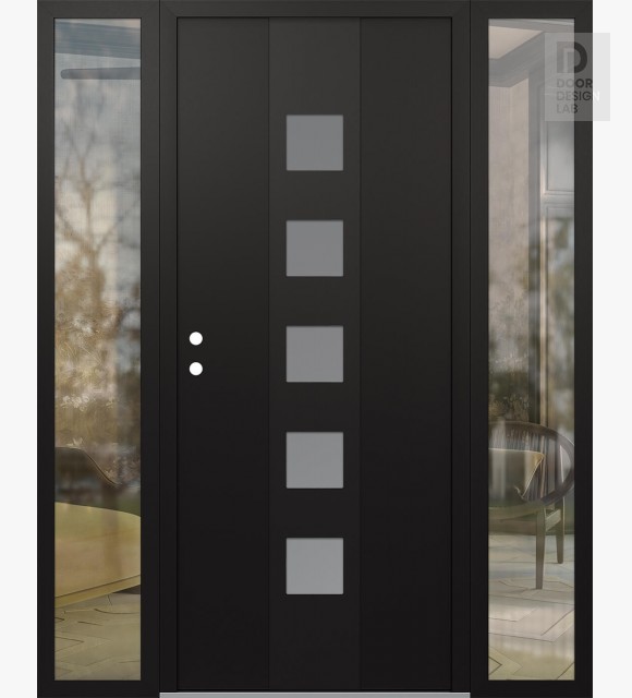 Modern Steel Front Door DIAMOND A13 60" X 80" BLACK/WHITE FROSTED GLASS PANEL BLACK RHI WITH 2 SIDELITES CLEAR GLASS