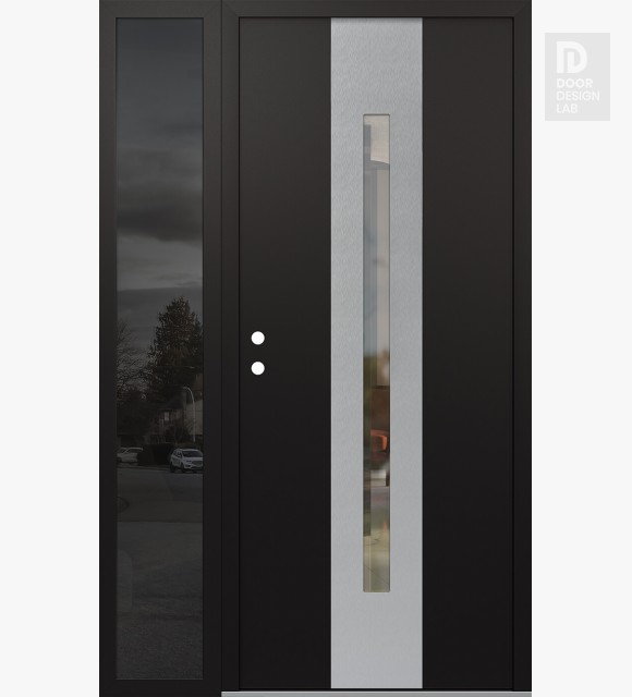 Modern Steel Front Door DIAMOND A2 52" X 80" BLACK/BLACK CLEAR GLASS PANEL STAINLESS STEEL RHI WITH SIDELITE MIRRORED GLASS