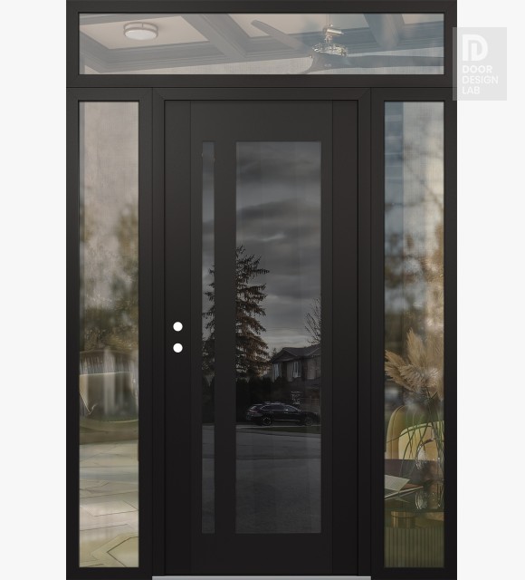 Modern Steel Front Door Diamond C15 60" x 96" black/black mirrored Glass Panel black RHI with 2 Sidelites and Transom clear Glass