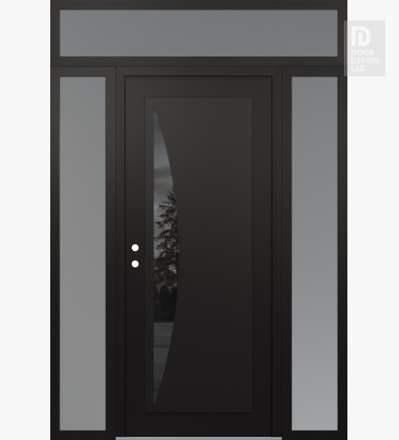 Modern Steel Front Door Diamond C13 68" x 96" black/black mirrored Glass Panel black RHI with 2 Sidelites and Transom frosted Glass
