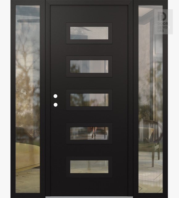 Modern Steel Front Door Diamond D1 64" x 80" black/black clear Glass Panel black RHI with 2 Sidelites clear Glass