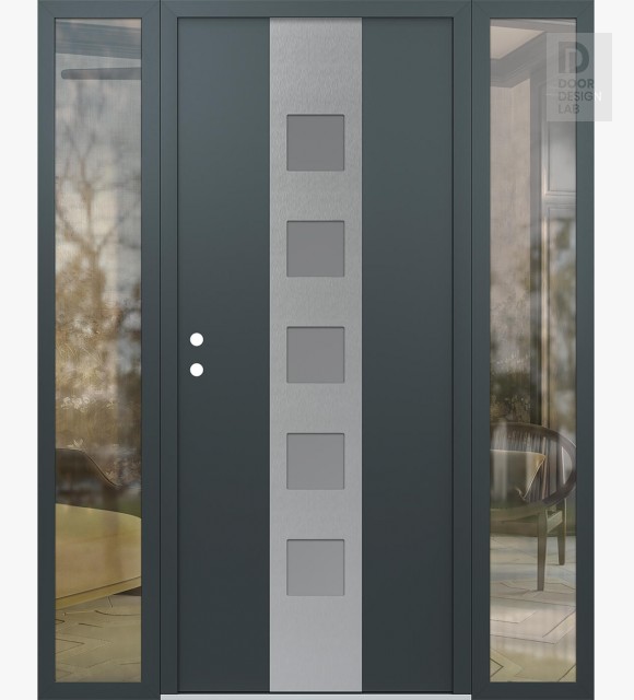 Modern Steel Front Door DIAMOND A13 60" X 80" ANTHRACITE/ANTHRACITE FROSTED GLASS PANEL STAINLESS STEEL RHI WITH 2 SIDELITES CLEAR GLASS