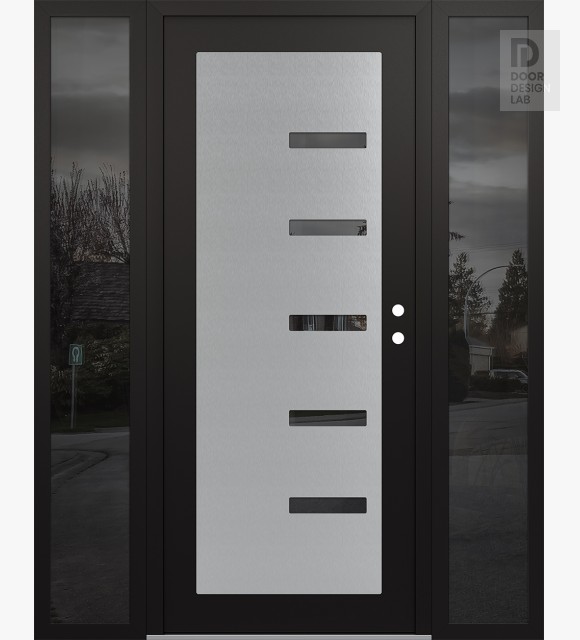 Modern Steel Front Door Diamond C8 64" x 80" black/black mirrored Glass Panel stainless steel LHI with 2 Sidelites mirrored Glass