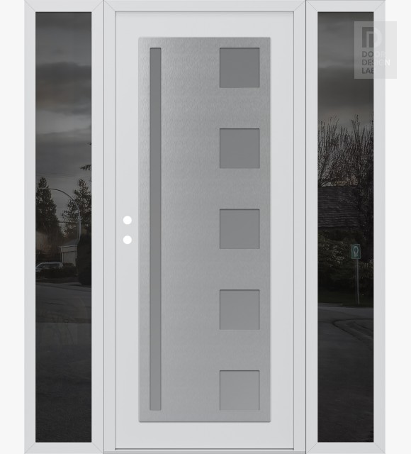 Modern Steel Front Door Diamond C3 60" x 80" white/white frosted Glass Panel stainless steel RHI with 2 Sidelites mirrored Glass