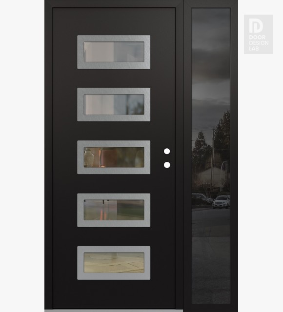 Modern Steel Front Door Diamond D1 50" x 80" black/black clear Glass Panel stainless steel LHI with Sidelite mirrored Glass