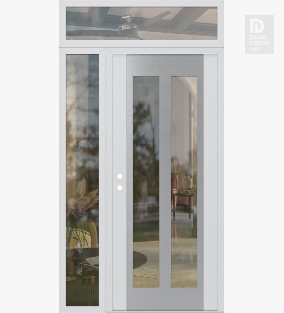 Modern Steel Front Door Diamond C14 48" x 96" white/white clear Glass Panel stainless steel RHI with Sidelite and Transom clear Glass