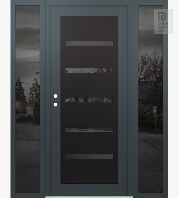 Modern Steel Front Door Diamond C7 68" x 80" anthracite/anthracite mirrored Glass Panel black RHI with 2 Sidelites mirrored Glass