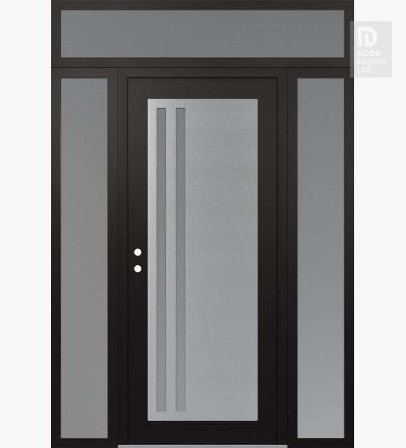Modern Steel Front Door Diamond C6 68" x 96" black/white frosted Glass Panel stainless steel RHI with 2 Sidelites and Transom frosted Glass