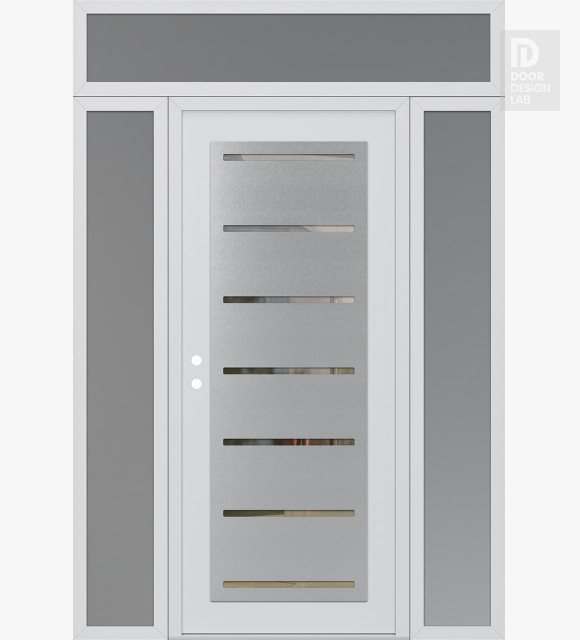 Modern Steel Front Door Diamond C11 68" x 96" white/white clear Glass Panel stainless steel RHI with 2 Sidelites and Transom frosted Glass
