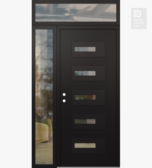 Modern Steel Front Door Diamond D6 50" x 96" black/black clear Glass Panel black RHI with Sidelite and Transom clear Glass