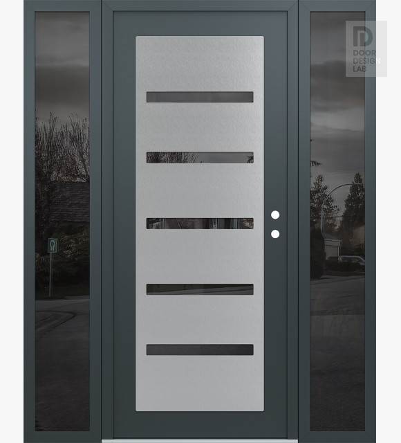 Modern Steel Front Door Diamond C7 60" x 80" anthracite/anthracite mirrored Glass Panel stainless steel LHI with 2 Sidelites mirrored Glass