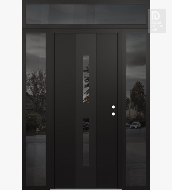 Modern Steel Front Door DIAMOND A6 60" X 96" BLACK/BLACK MIRRORED GLASS PANEL BLACK LHI WITH 2 SIDELITES AND TRANSOM MIRRORED GLASS