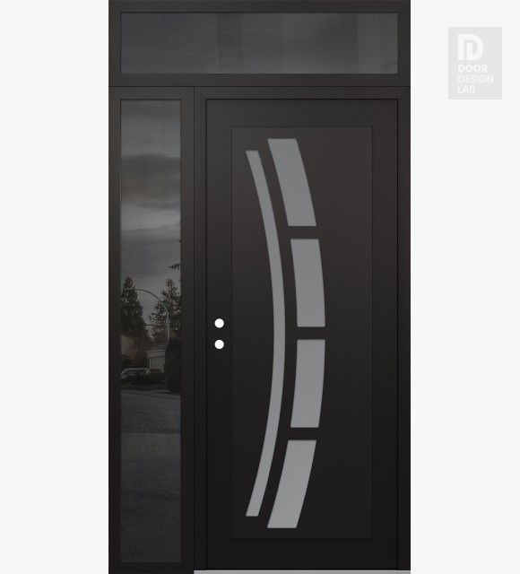 Modern Steel Front Door Diamond C12 52" x 96" black/white frosted Glass Panel black RHI with Sidelite and Transom mirrored Glass