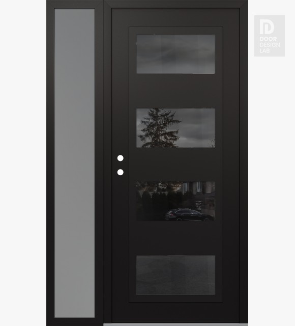 Modern Steel Front Door Diamond C2 52" x 80" black/black mirrored Glass Panel black RHI with Sidelite frosted Glass