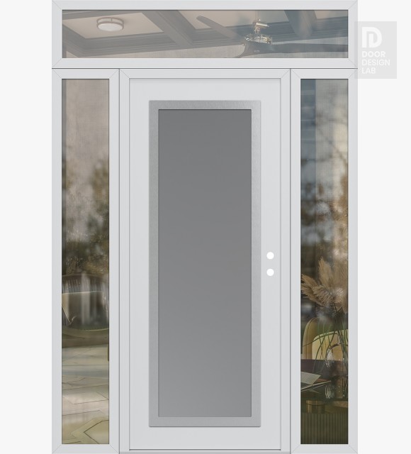 Modern Steel Front Door Diamond C1 64" x 96" white/white frosted Glass Panel stainless steel LHI with 2 Sidelites and Transom clear Glass