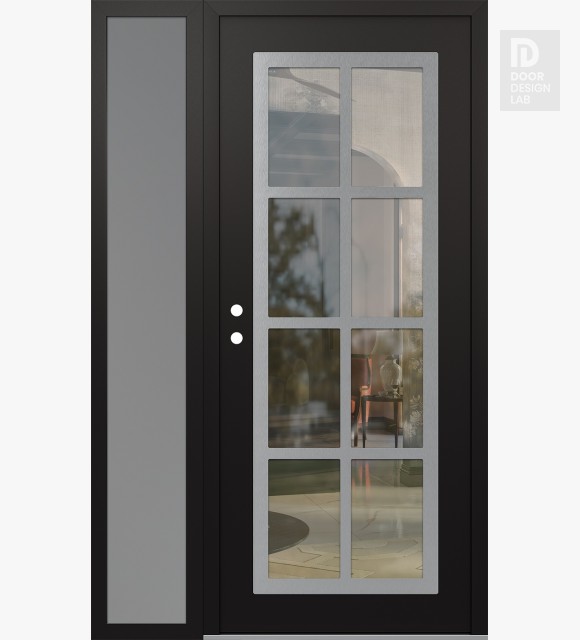 Modern Steel Front Door Diamond C16 48" x 80" black/black clear Glass Panel stainless steel RHI with Sidelite frosted Glass