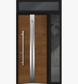 Front Exterior Prehung Steel Door / Deux 1744 Natural Oak / Side and Top Exterior Black Window / Stainless Inserts Single Modern Painted-W36+16" x H80+16"-Right-hand Inswing