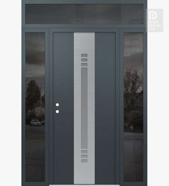 Modern Steel Front Door DIAMOND A5 64" X 96" ANTHRACITE/ANTHRACITE FROSTED GLASS PANEL STAINLESS STEEL RHI WITH 2 SIDELITES AND TRANSOM MIRRORED GLASS