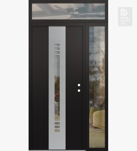 Modern Steel Front Door DIAMOND A5 48" X 96" BLACK/BLACK CLEAR GLASS PANEL STAINLESS STEEL LHI WITH SIDELITE AND TRANSOM CLEAR GLASS