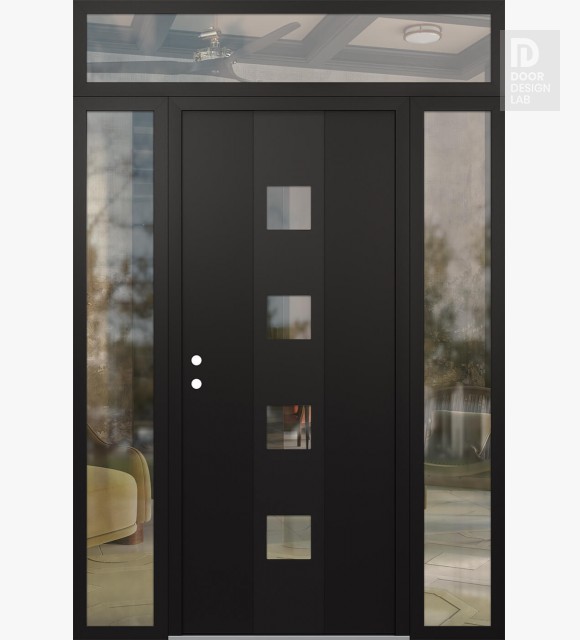 Modern Steel Front Door DIAMOND A12 60" X 96" BLACK/BLACK CLEAR GLASS PANEL BLACK RHI WITH 2 SIDELITES AND TRANSOM CLEAR GLASS
