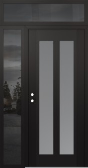 Diamond C14 50" x 96" black/white frosted Glass Panel black RHI with Sidelite and Transom mirrored Glass