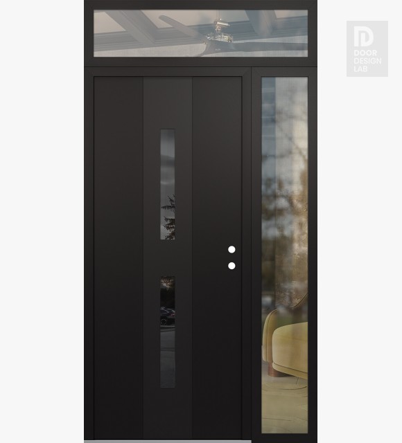 Modern Steel Front Door DIAMOND A6 50" X 96" BLACK/BLACK MIRRORED GLASS PANEL BLACK LHI WITH SIDELITE AND TRANSOM CLEAR GLASS