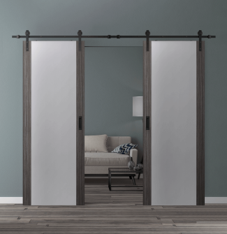 DOUBLE BARN DOOR PALLADIO 202 VETRO GRAY OAK 56" X 80" X 1 9/16" TEMPERED FROSTED GLASS BLACK HARDWARE