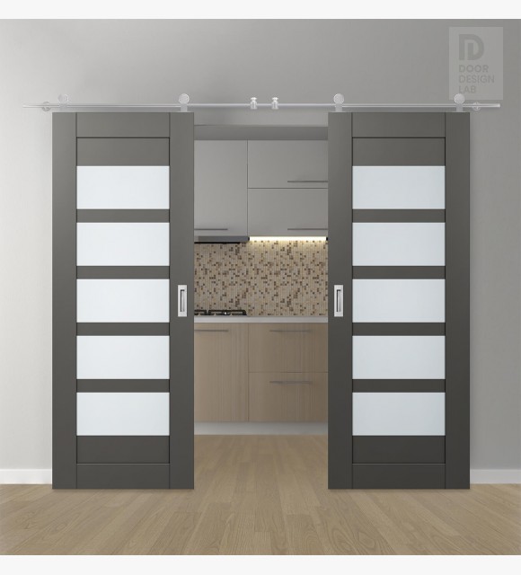 DOUBLE BARN DOOR AVON 07-07 VETRO GRAY MATTE 36" X 80" X 1 3/4" STAINLESS STEEL HARDWARE
