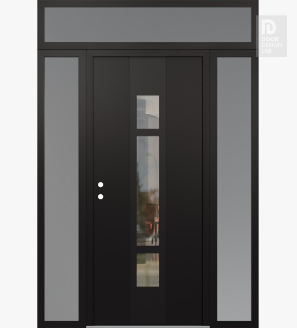 Modern Steel Front Door DIAMOND A9 60" X 96" BLACK/BLACK CLEAR GLASS PANEL BLACK RHI WITH 2 SIDELITES AND TRANSOM FROSTED GLASS