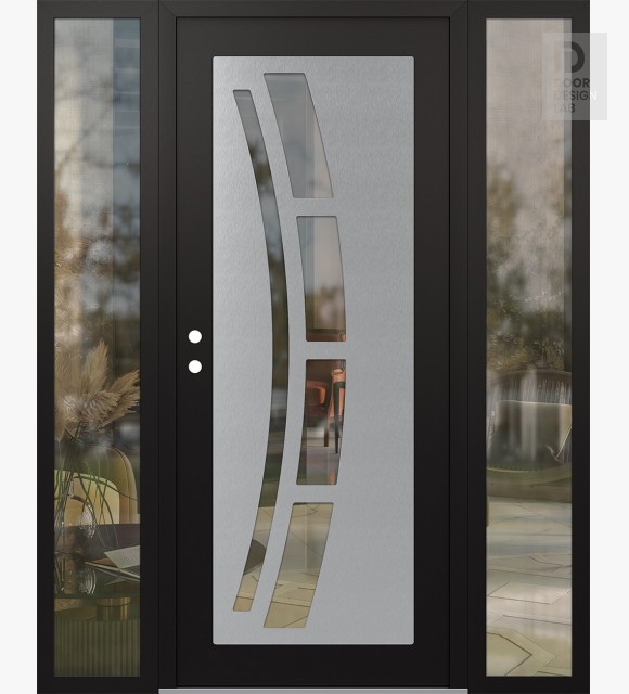 Modern Steel Front Door Diamond C12 68" x 80" black/black clear Glass Panel stainless steel RHI with 2 Sidelites clear Glass