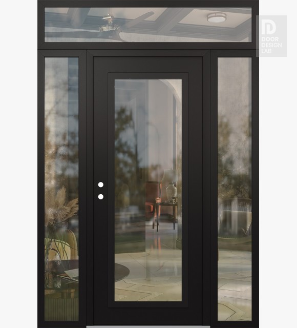 Modern Steel Front Door Diamond C1 64" x 96" black/black clear Glass Panel black RHI with 2 Sidelites and Transom clear Glass