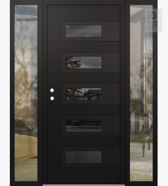 Modern Steel Front Door Diamond D3 64" x 80" black/black mirrored Glass Panel black RHI with 2 Sidelites clear Glass
