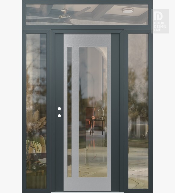 Modern Steel Front Door Diamond C15 64" x 96" anthracite/anthracite clear Glass Panel stainless steel RHI with 2 Sidelites and Transom clear Glass